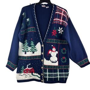 Nutcracker Women’s 1x Festive Holiday Sweater Navy Blue Snowman Cardigan Trees